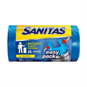 SANITAS Large Garbage Bags with Handles Easy Pack 58x72cm 60lt 20pcs